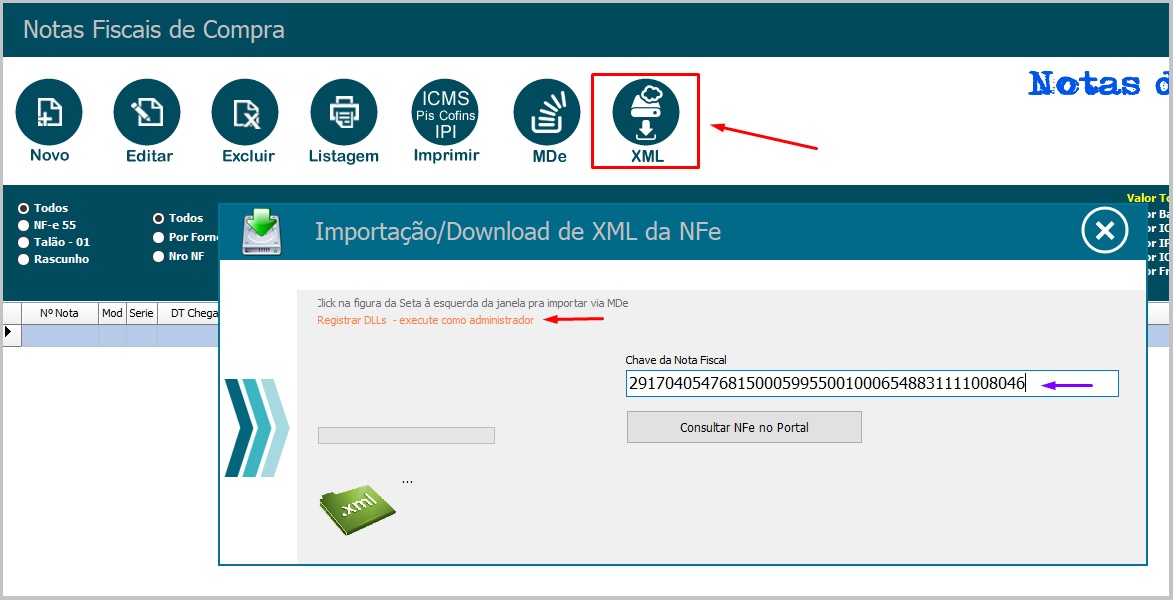nota de compra xml importar nfe