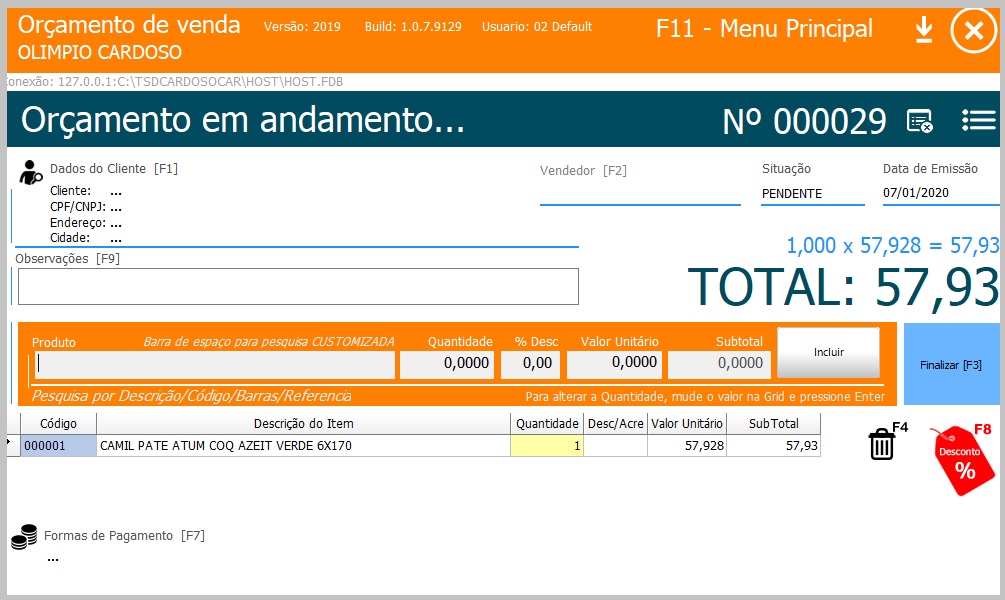 orcamento novo orcamento pendente