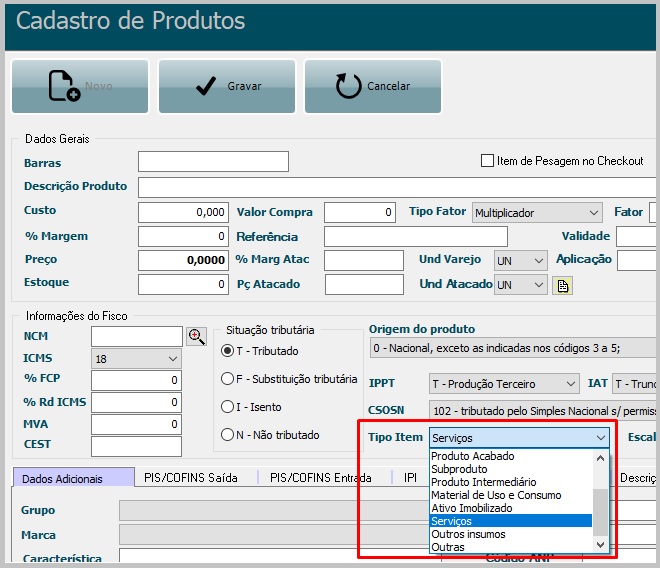 cadastro produto serviço servico produto